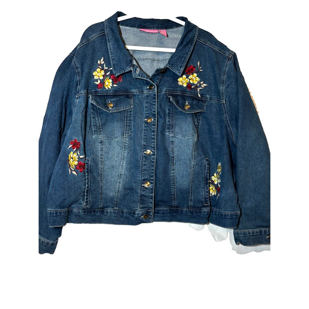 Woman Within Dark Blue Denim Jacket with Floral Embroidery. Plus Size